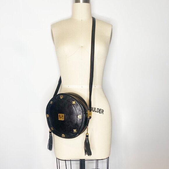 Vintage MCM Black Pebbled Leather Canteen / Tambourine Bag (Germany) - Picture 3 of 12